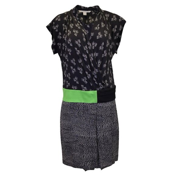 Diane von Furstenberg DVF Stretch Silk Dress 2 Black Green Ivory Short Sleeve - Picture 9 of 16